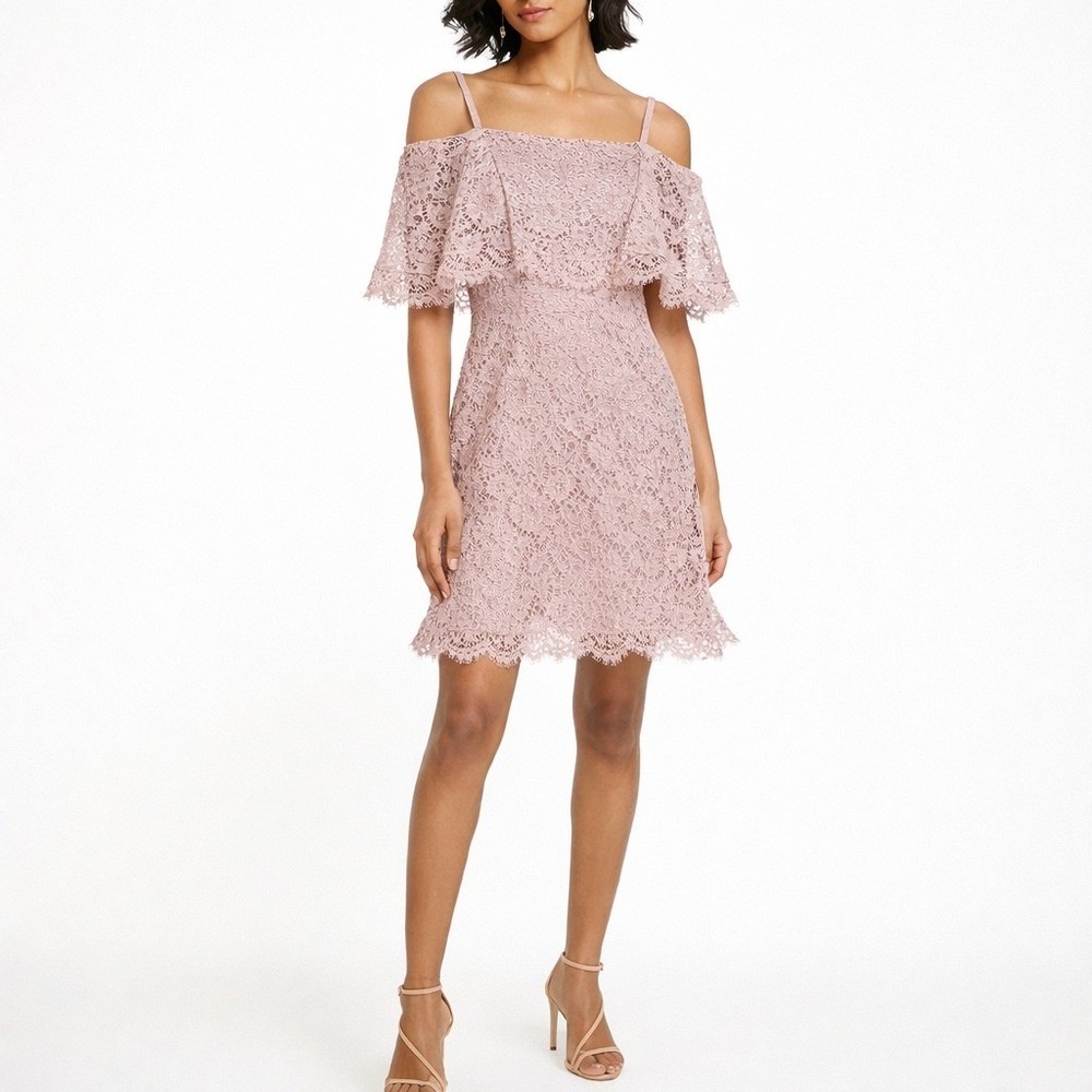 Valentino Spa $3690 Metallic Lace Off Shoulder Ruffle Mini Dress Pink 6 Italy
